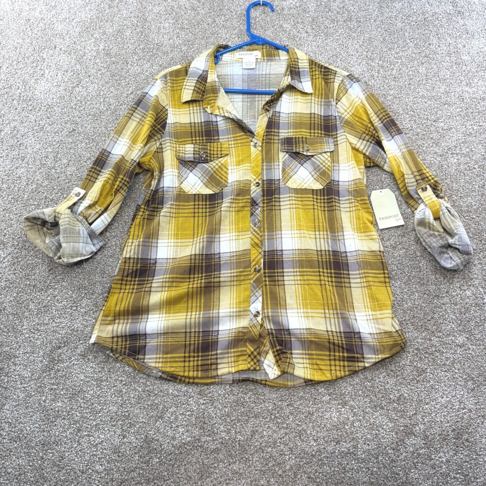 Passport Girl Kids Mustard Ivory Plaid Roll Tab Button Shirt NEW Fall Yellow